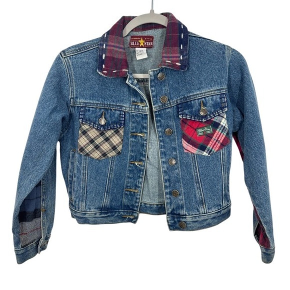 Blue Star Kids Denim Jacket Plaid Patchwork Embellished Collar Cuffs Size Medium